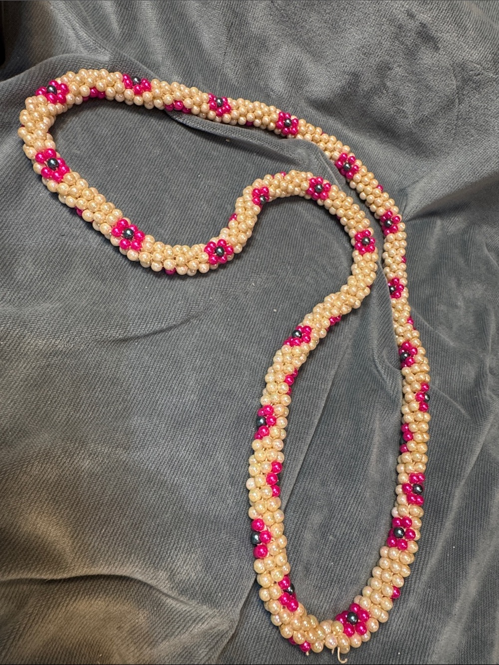 Handmade Faux Pearl Beaded Necklace with Pink Flower Accents